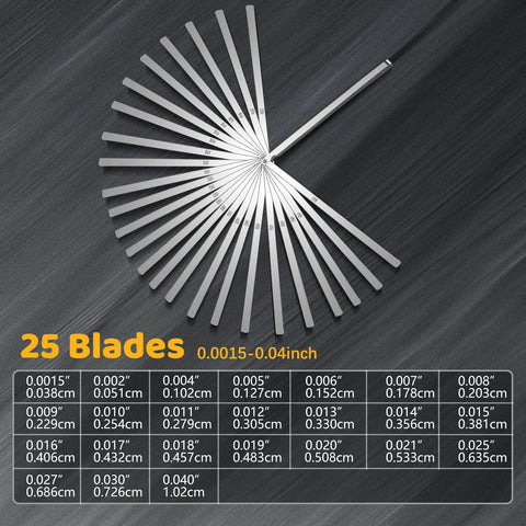 Feeler gauge set with 25 stainless blades fanned out; metric and imperial gap sizes for spark plug and valve adjustment.