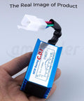 5 Pin Racing AC CDI Ignition Box Replacement for 50cc to 160cc Chinese pit dirt bikes and ATVs, shown in hand for scale.