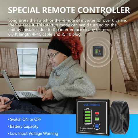 Person using laptop beside 2000W 12V DC To 110V AC Power Inverter With Remote Control And 3 AC Outlets 2.4A USB Port UL Fuses