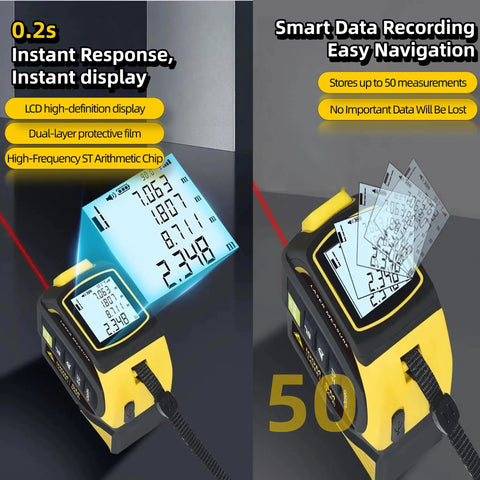 4 In 1 Laser Tape Measure With Level And 197 Ft Laser Distance Meter, 16 Ft Auto Lock Tape, Crosshair Alignment, Electronic Angle Measurement For DIY Projects, Home Renovation And Carpentry showing LCD display and 50 stored measurements