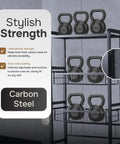 Over Toilet Storage Cabinet With Three Tier Shelves, 62-Inch Tall Black Carbon Steel Bathroom Organizer holding weights
