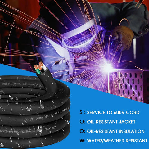 Coiled 15 Foot 10 AWG SOOW Three Conductor Portable Power Cable 30 Amp 600V Extension Cord next to a welder