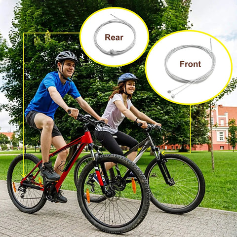 Cyclists riding with Premium 4-Piece Bike Brake Cable Set, Universal Standard Front And Rear Cables, 2M Length, detailed inset.