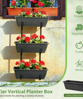 Three Tier Vertical Hanging Railing Planter Box with red flowers, black bins, suitable for herbs and veggies, easy assembly.