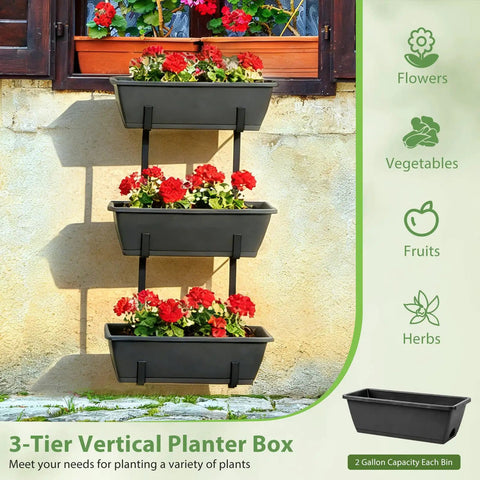 Three Tier Vertical Hanging Railing Planter Box with red flowers, black bins, suitable for herbs and veggies, easy assembly.