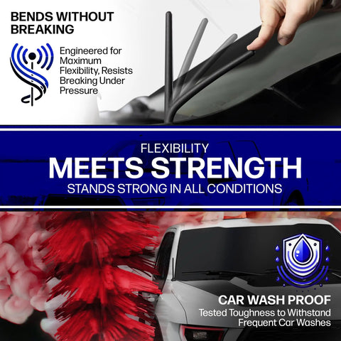 Chevrolet Silverado 1500 Short Rubber Antenna Six And Three Quarters Inch No Fuss Car Wash Proof Durable EPDM Rubber Internal Copper Coil For Stronger Reception Upgrade For Two Thousand Six To Two Thousand Twenty Six Models, showing bending durability and car wash proof resilience.