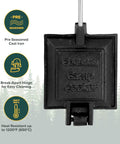 Cast Iron Camp Cooker Pie Iron Sandwich Maker With Preseasoned Surface And Heat Resistant Removable Handles shown hanging with features highlighted