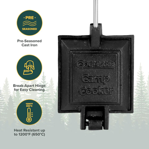 Cast Iron Camp Cooker Pie Iron Sandwich Maker With Preseasoned Surface And Heat Resistant Removable Handles shown hanging with features highlighted