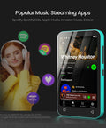 Woman listening to music with headphones next to Kids MP3 Player With Bluetooth 80GB, Preloaded Spotify And Spotify Kids, Audible
