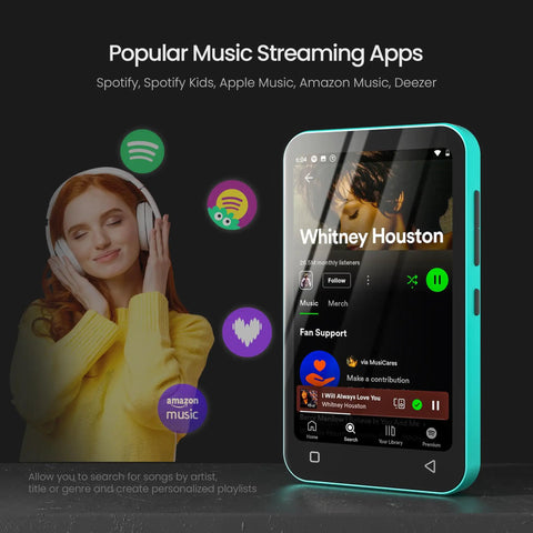 Woman listening to music with headphones next to Kids MP3 Player With Bluetooth 80GB, Preloaded Spotify And Spotify Kids, Audible