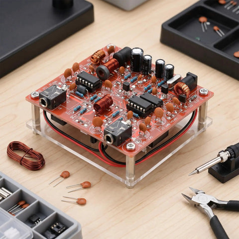 Rad Forty Nineer 3W CW Shortwave Transmitter Receiver Kit for DIY Telegraph Radio Enthusiasts on wooden desk