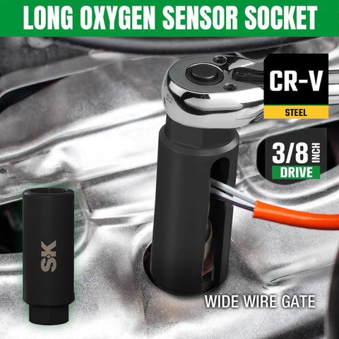 Five Piece O2 Sensor Socket Kit For Auto Repair With Oxygen Sensor Wrench Three Eighths Inch Drive And One Half Inch Drive