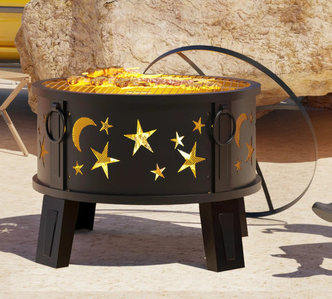 26 Inch Outdoor Fire Pit With Grill, Mesh Spark Screen And Poker, Rust Resistant Powder Coated Steel, 4 Leg Stable Design