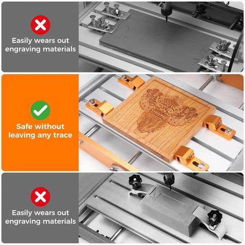Comparison of engraving results with and without 4 Pack Aluminum Tiger Claw Clamp Set With Low Profile Side Hold Downs For CNC Work Tables.