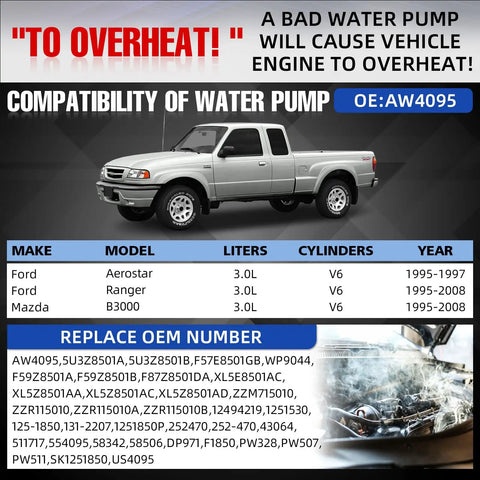 Heavy Duty Engine Water Pump With Gasket Kit Fits Ford Ranger Mazda B3000 Aerostar 1995 To 2008 3.0L V6 compatibility chart.