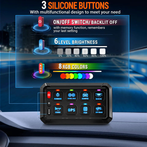 8 Gang Switch Panel With Universal Circuit Control Relay System, LED touch box showing silicone buttons and RGB settings
