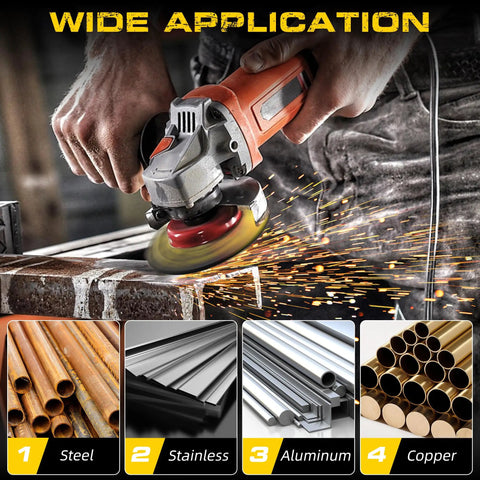 Ten Pack Of Four And A Half Inch Metal Grinding Wheels For Angle Grinders Featuring Industrial Grade Aluminum Oxide in use on steel.