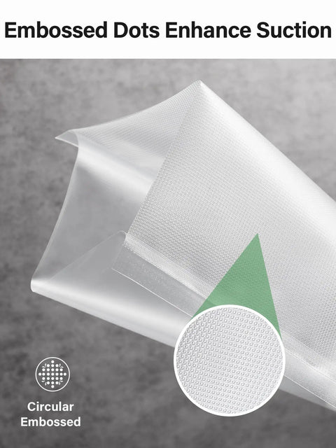 Close-up of 11 Inch By 150 Foot Vacuum Sealer Bags Roll With Cutter Dispenser, BPA Free Commercial Grade Food Storage Bags With embossed dots.