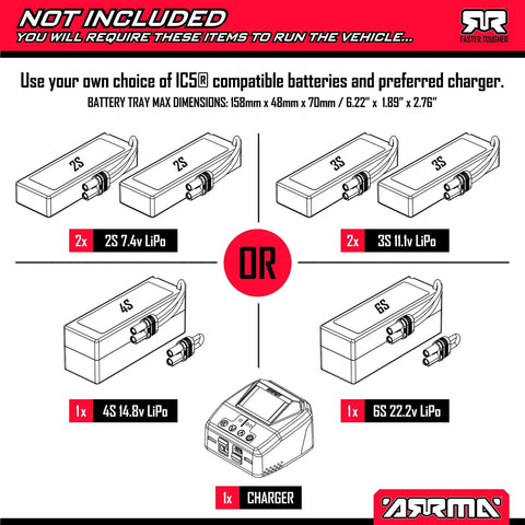Graphic showing battery options for ARRMA Kraton 1 8 Scale 6S EXB Ready To Run Clipless Body Basher Monster RC Truck Powerful And Stable With Brushless Motor Battery And Charger Not Included Black ARA8708V6T1