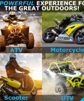 Outdoor power sports vehicles: ATV in mud, motorcycle on road, scooter by the sea, and UTV off-road, showcasing versatility.