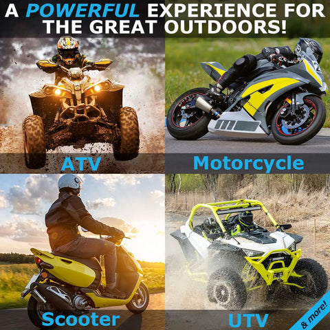 Outdoor power sports vehicles: ATV in mud, motorcycle on road, scooter by the sea, and UTV off-road, showcasing versatility.