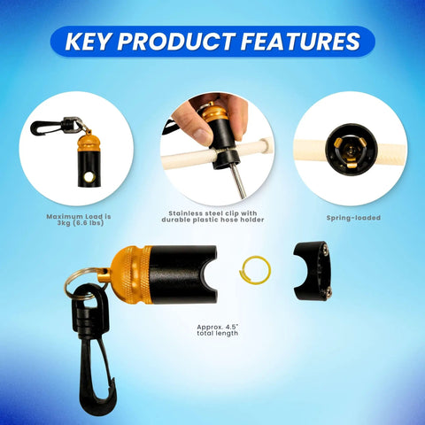 Heavy Duty Regulator And Octopus Hose Holder Clip For Diving With 7 Pound Capacity, Non Magnetic Gold Finish displayed in key features.
