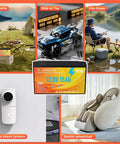 Collage showing 12V 15Ah LiFePO4 Battery With Built-In BMS, 4000+ Deep Cycles, Waterproof, Lightweight 3.5 Lb, for camping and tools