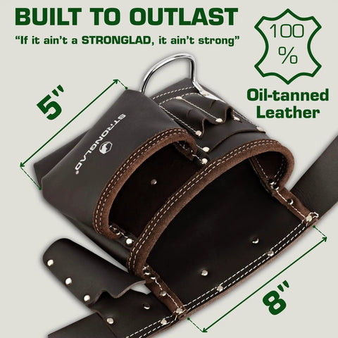 Close-up of 6 Pocket Oil Tanned Leather Tool Belt For 29 To 46 Inch Waists, showing durable riveted construction and pockets layout.