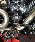 Mid Control Footpeg Kit For Harley Touring 2009-2025 Upgrade Ergonomic Forward Controls With Optimized Angles And Extended Lengths To Cut Riding Fatigue Fits Road King Street Glide Road Glide Ultra Limited Touring Models, black footpeg bracket installed on Harley engine