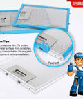 Upgraded W10169961A Universal Fit Aluminum Range Hood Filter Replacement 10.5x12 Inch showing blue protective film