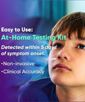 Boy using 3 In 1 Covid Flu At Home Test Kit With 10 Minute Results For Covid Flu A And Flu B FDA 510K Cleared Five Test Pack