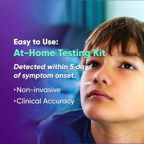 Boy using 3 In 1 Covid Flu At Home Test Kit With 10 Minute Results For Covid Flu A And Flu B FDA 510K Cleared Five Test Pack
