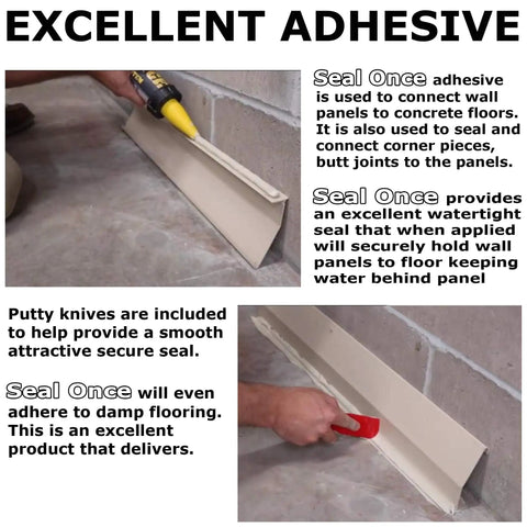 User applying Seal Once adhesive on basement wall in preparation for the 75 Ft Basement Waterproofing System Nailed-Down Baseboard Drainage Setup.