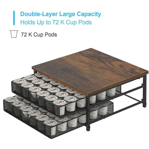 Coffee Pod Drawer Storage Organizer With Sliding Baskets For 72 Pods, K Cup Capsule Holder For Coffee Station, Rustic Wood Top