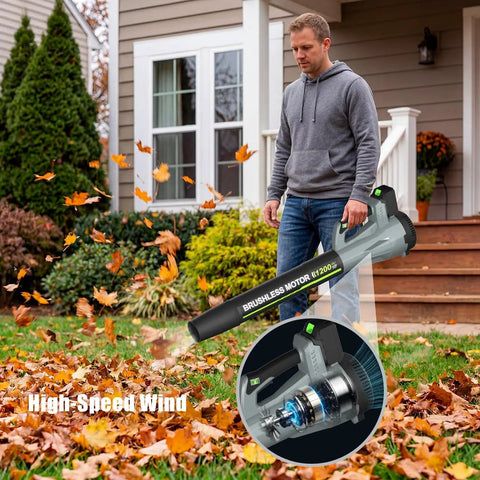 Man uses Cordless Leaf Blower With Dual 4.0Ah Batteries And Charger, 6 Speed Modes For Hassle Free Yard Cleanup Of Leaves Dust And Debris