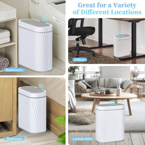 Touchless Motion Sensor Trash Can With Lid Slim 2.6 Gallon Waterproof Garbage Bin in bathroom, office, bedroom, and living room