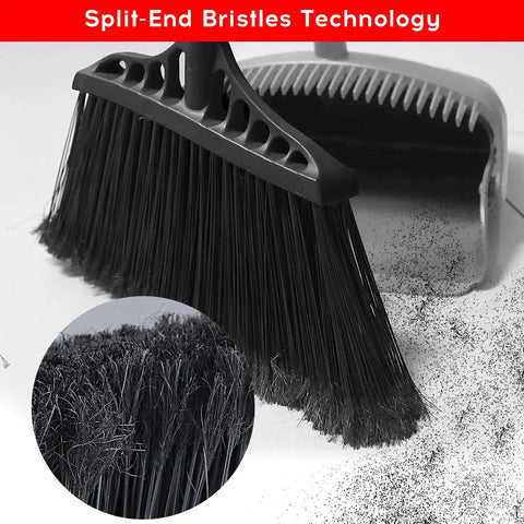 Heavy Duty 3 Pack Broom Set With 55 Inch Telescoping Pole And Padded Eva Grip showing split-end bristles for effective cleaning.