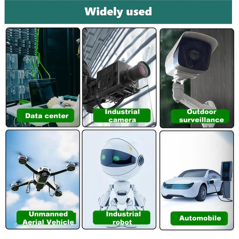 Image showing applications of M12 X Coded 8 Pin Female To RJ45 Cat7e Ethernet Patch Cable, including data centers, cameras, drones, and robots.