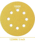Heavy Duty 5 Inch Hook Loop Sandpaper Discs 50 Pack With 8 Holes For Power Tools featuring yellow alumina grits surface.