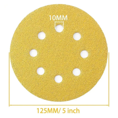 Heavy Duty 5 Inch Hook Loop Sandpaper Discs 50 Pack With 8 Holes For Power Tools featuring yellow alumina grits surface.