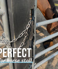 All Weather 304 Stainless Gate Chain With M7 Carabiners 550 Pounds Capacity 20 Inch Long Diameter Five Thirty Second Inch Chain For Outdoor Fence Gate Latch Livestock Black installed on stable gate with horse visible.
