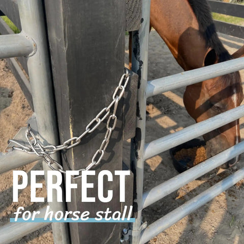 All Weather 304 Stainless Gate Chain With M7 Carabiners 550 Pounds Capacity 20 Inch Long Diameter Five Thirty Second Inch Chain For Outdoor Fence Gate Latch Livestock Black installed on stable gate with horse visible.