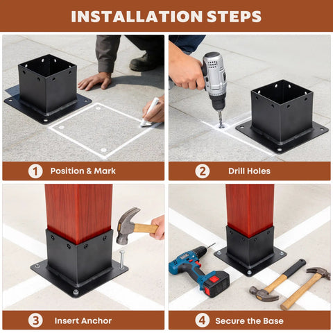 Six Pack Heavy Duty Metal Post Base Brackets, 4X4 Exterior Fit With 3.5 Inch Inside Opening, Ridiculously Strong Deck Fence Pergola Hardware, Super Simple To Bolt Down