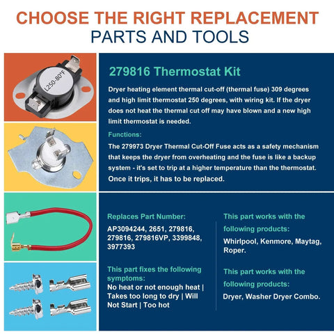Durable Dryer Heating Element With Thermostat Kit And Thermal Cut Off Fuse Replacement For Kenmore Whirlpool Maytag GE Models MEDB835DW4 GEW9250PW0 Premium Nickel Chromium Wire With 85 Percent Content For Longer Life And Easy Install details