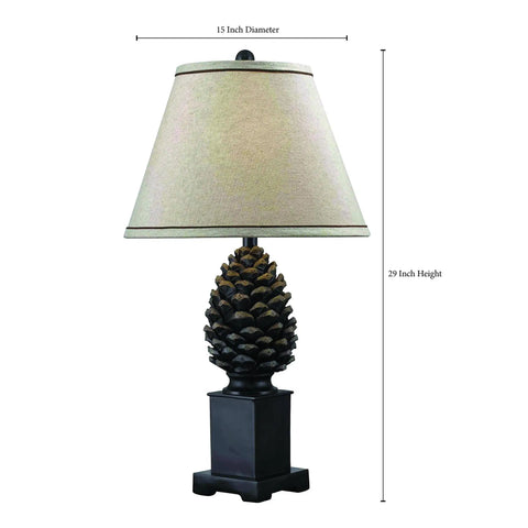Rustic Pinecone Accent Table Lamp In Aged Bronze Finish, 29 Inch Tall With A 15 Inch Tapered Shade, front view.