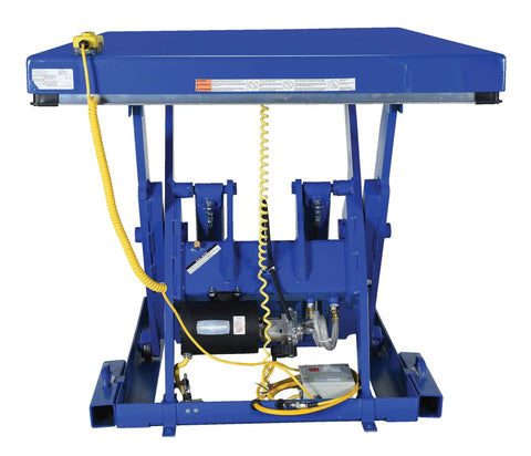 Heavy Duty Welded Steel Electric Hydraulic Lift Table With 48 By 72 Platform And 6000 Lbs Capacity Built Like A Brick House For Industrial Shops Osha Toe Guard Blue Finish, front view showcasing motor and controls.