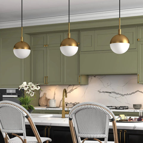 Eight Inch Wide Small Pendant Light With Glass Shade In Brass And White Milk Glass Perfect For Modern Kitchens And Compact Spaces