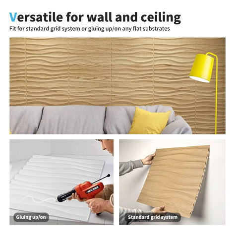 PVC 3D Wave Wall Panels Wood Brown Texture for Interior Decor installation showcase with adhesive and grid system, wall view.