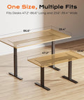 Huuger Dual Motor Electric Standing Desk Frame Black showing dimensions fitting 47.2"-86.6" long and 23.6"-39.4" wide for ergonomic use.