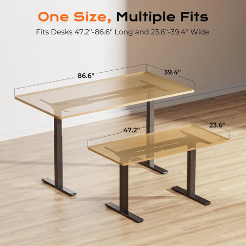 Huuger Dual Motor Electric Standing Desk Frame Black showing dimensions fitting 47.2"-86.6" long and 23.6"-39.4" wide for ergonomic use.